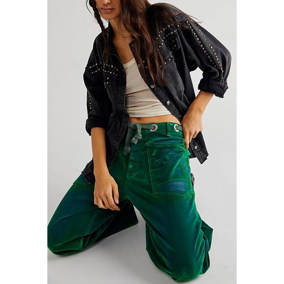 Free People We the Free Moxie Low Slung Flocked Barrel Jeans Kelly Green Size 28 - Picture 2 of 9